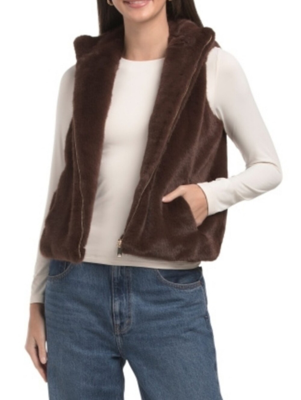 Christian Siriano New York Brown Faux Fur Vest Size L Zip Front Luxe Soft Glam